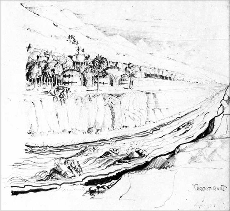 <i>Nargothrond(2)</i>

<br/><br/>

Ink illustration dated 1928. The entrance to Nargothrond is shown as it was before the bridge of Túrin was built over the River Narog (The Silmarillion).

<br/><br/>

Coloured later by HE Riddett.<span class="ngViews">1 view</span>