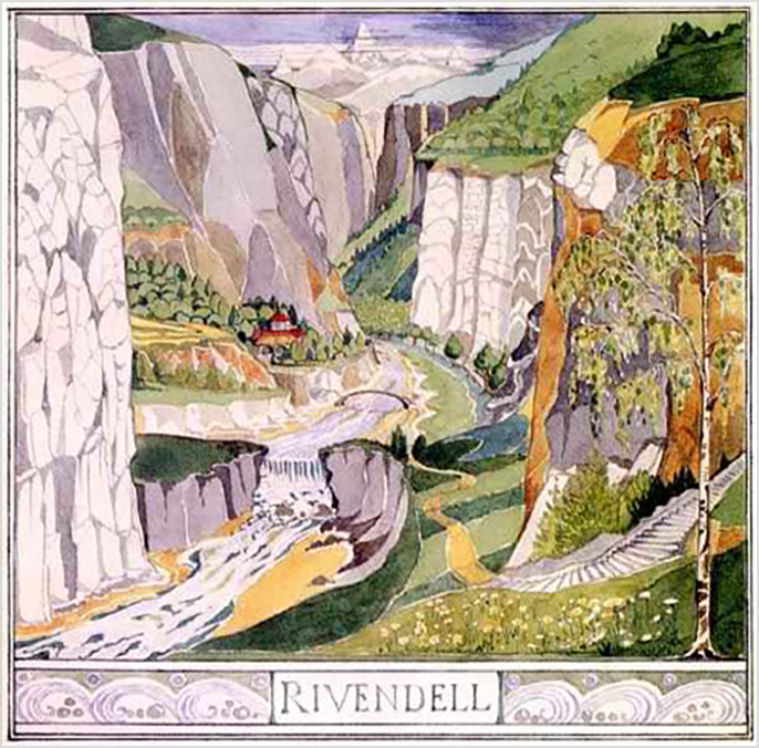 29. <i>Rivendell</i>

<br/><br/>

From modelling mountain landscapes, Tolkien created in shaded pencil an aerial view of Rivendell, then transformed this into an ethereal coloured scene. There is simplicity and splendor in Tolkien’s layered painting, from the wildflowers and tree in foreground, to the falls, through to the mountain escarpments and the glinting image of the Lord Elrond’s city hidden in the forest.

<br/><br/>

Tolkien: The Fair Valley of Rivendell: “Hidden somewhere ahead of us is the fair valley of Rivendell where Elrond lives in the Last Homely House' (Chapter 3); ‘the sound of the waterfalls was loud in the stillness” (H&S1)

<br/><br/>

Reproduced in Hobbit UK 1937 2nd edition and (truncated) US 1938 edition, Tolkien Calendars 1973 and 1974 and in The Hobbit Calendar 1976.<span class="ngViews">1 view</span>