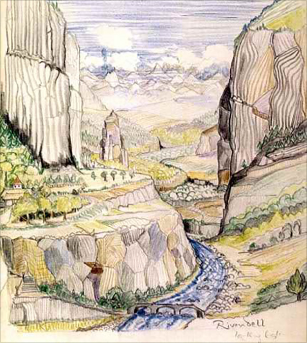 30. <i>Rivendell looking East</i>

<br /><br />

The following early version watercolour of the scene looking east towards the Misty Mountains was truncated at the top and published in LOTR Calendar 1977.<span class="ngViews">1 view</span>