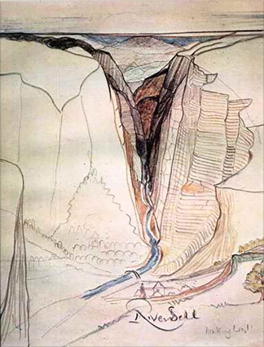 31. <i>Rivendell looking West</i>

<br/><br/>

An unfinished crayon sketch of Rivendell looking towards the left.

<br/><br/>

It was published in LOTR Calendar 1977 (truncated at top and bottom).<span class="ngViews">1 view</span>
