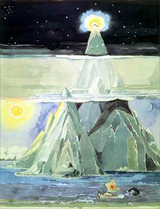 32. <i>Taniquetil</i>

<br/><br/>

A watercolour of Taniquetil, the Holy Mountain, the highest mountain of Arda, “upon whose summit Manwe: set his throne’, and in the foreground of which is a white elven swan-ship” (dating from 1927/8).

<br/><br/>

It was published on book covers, in The Tolkien Calendar 1974 and The Silmarillion Calendar 1978.<span class="ngViews">1 view</span>