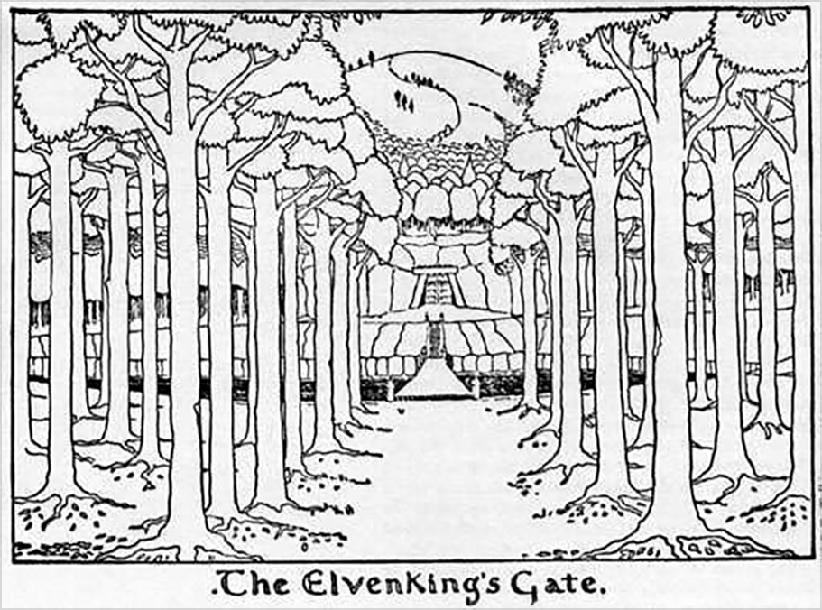 33. <i>The ElvenKing’s Gate</i>

<br/><br/>

Inked drawing originally published in the 1st impression of The Hobbit.

<br/><br/>

Latter coloured by H.E. Riddett and published in The Hobbit Calendar 1976, and in some illustrated editions of The Hobbit.<span class="ngViews">1 view</span>