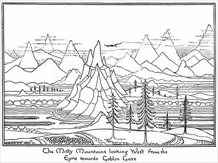 35. <i>The Misty Mountains looking West from the Eyrie towards Goblin Gate</i>

<br/><br/>

Drawn in ink and originally published in the first impression of The Hobbit, in Chapter 6.

<br/><br/>

Later coloured by HE Riddett and appeared in the Calendar 1976.<span class="ngViews">2 views</span>