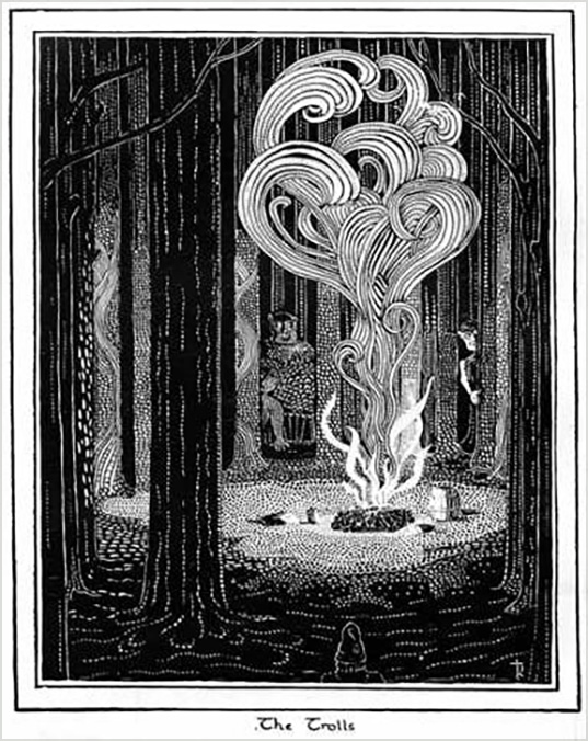 38. <i>The Trolls </i>

<br/><br/>

In Tolkien’s words: “curling, fantastical flame rising amid a nocturnal labyrinth of stippled trees” (The Hobbit, Ch 2).

<br/><br/>

Colour was added later by HE Riddett.<span class="ngViews">2 views</span>