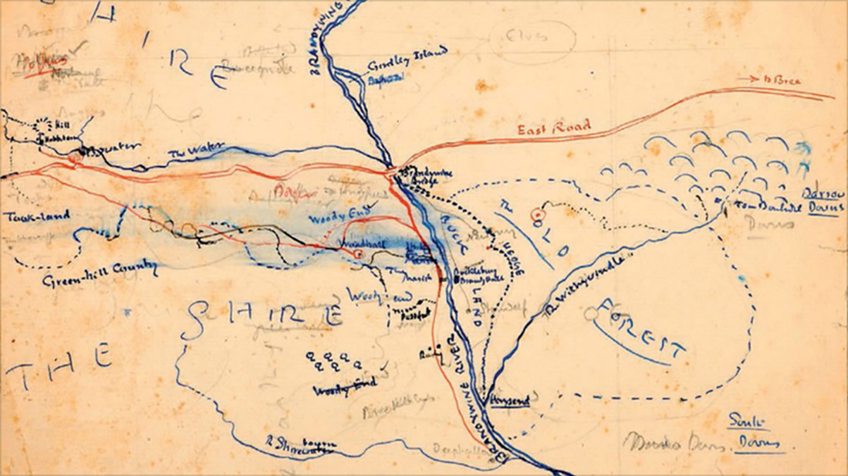 4. <i>The maps of the Shire</i>

<br/><br/>

Hammond and Scull document at least eight versions of parts of the maps of the Shire, some sketched clearly as trials on a blank page.

<br/><br/>

The map below is the most worked on and demonstrates Tolkien’s process of multiple layers of review, revision, development and enhancement.<span class="ngViews">1 view</span>