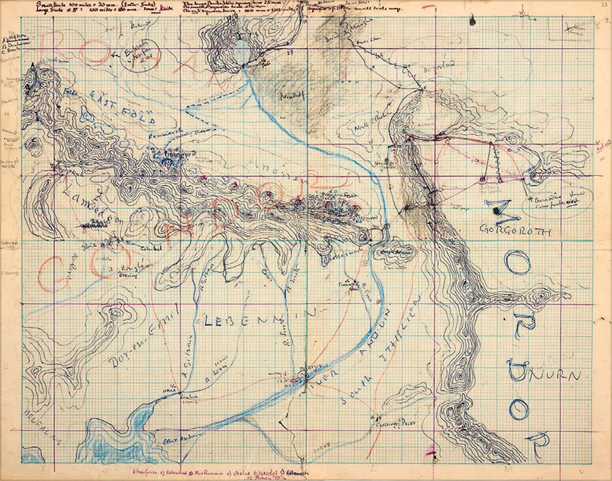 5. <i>Map of Middle-earth</i>

<br/><br/>

For Tolkien maps were devices to calibrate the journeys of his separate characters across Middle-earth. A series of maps document Tolkien’s method of map creation, often on overlapping pasted sheets, reworking names and location details.

<br/><br/>

With the use of grid paper and scale, he depicted (as in the map below) in red and blue ink, dashes and dotted lines, the diverging plotlines of the various fellowship ‘sub-teams’, as in Map of Rohan, Gondor, and Mordor" and "Distances and dates in Mordor”.

<br/><br/>

This gave Tolkien the objective capacity to adhere to believable time-space principles and bring these parallel storylines to a synchronised arrival of Frodo and Sam at Mt Doom, and Aragorn and his army to the Black Gates. An immensely complex, meticulous and exhausting task, this was recorded in Tolkien’s annotations of notes, additions and corrections.

<br/>

"Map of Rohan, Gondor, and Mordor" (from Bodleian Libraries, University of Oxford)<span class="ngViews">1 view</span>
