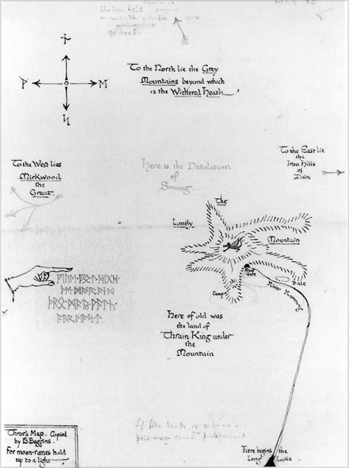 6. <i>Thrór's Map</i>

<br/><br/>

From Dwarvian legend, Thrór's Map was drawn with East at the top of the map, showing the Lonely Mountain of Erebor, the Running River and the surrounding lands. It also showed a secret entrance to the Mountain, and instructions in secret Moon-letters how it could be opened. The map is decorated with Old English Runes.

<br/><br/>

It is reproduced in facsimile in The Hobbit.

<br/><br/>

It was coloured in 1979 by HE Riddet and published as a poster.<span class="ngViews">1 view</span>