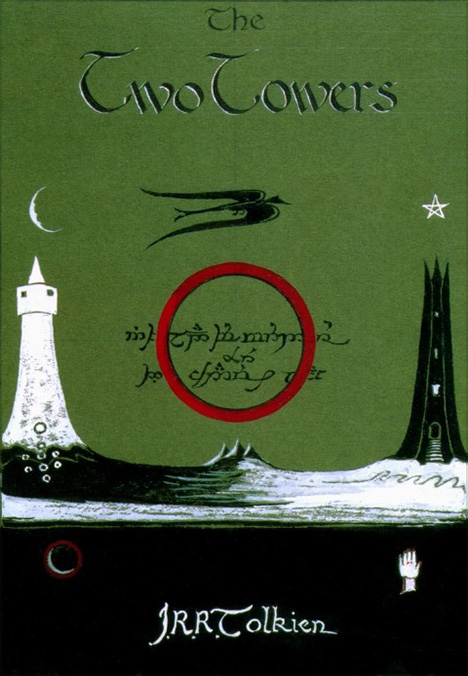 <i>The Two Towers</i>

<br /><br />

For The Two Towers, Tolkien had a quandary in identifying the actual two towers, finally settling on Orthanc and Minas Morgul, one Nazgul flying above a blood-red Ring (the image heightened by the eclipse below Minas Morgul and the white hand emblem of Saruman below Orthanc).<span class="ngViews">1 view</span>
