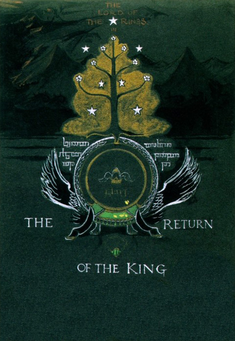 <i>The Return of the King</i>

<br/><br/>

For ROTK Tolkien trialled incorporating elements of Aragorn’s heritage: the White Tree, seven Stars and flowers, winged crowned-helm, with the dark figure of Sauron reaching-out on a black background, a dramatic effect.<span class="ngViews">1 view</span>