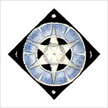 17. Eärendil device. The centre depicts Silmaril radiating six light beams towards the edges. In the dark corners the (asymmetrical) moon in its phases is shown. This perhaps distinguishes him as being Half-elven. The six light rays are accompanied by six others, forming twelve "points", a clear relatedness with Idril's device (his mother), which is reinforced by the shared blue background of the two devices.