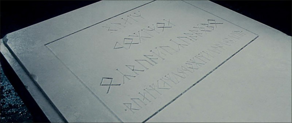 <i>Balin’s tomb</i>

<br/><br/>

Tolkien uniquely developed a series of languages and systems of writing; these are illustrated in a number of epic scenes. Balin's Tomb runes were cut deeply into the covering slab, paraphrased; Balin Son of Fundin Lord of Mori.