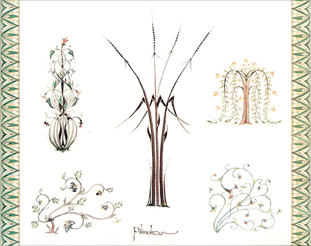 <i>Floral designs</i>

<br/><br/>

Tolkien created many foral designs with delicate colour, others were similar in black ink of willowy rush or grass like plants, often bearing Elvish names.

<br/><br/>

Many were reproduced in the Tolkien Calendar 1979.<span class="ngViews">1 view</span>