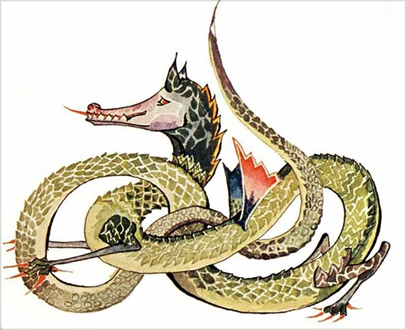 6. <i>Dragons</i>

<br/><br/>

Tolkien drew dragons in all styles and configurations.

<br/><br/>

<i>Dragon (1)</i> This painting, depicting a coiled dragon, cunning, malicious and seductive iron-scaled fire-breathing Great Worm, dates from September 1927.

<br/><br/>

It was reproduced in the Tolkien Calendar 1979 and on the cover of the De Luxe Hobbit edition (1976).<span class="ngViews">1 view</span>