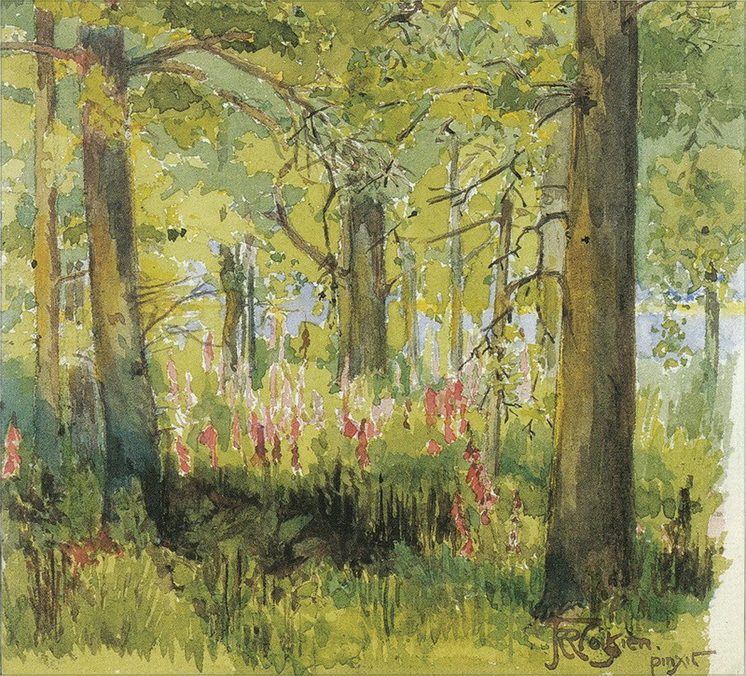 5. <i>Foxglove Year </i>[1923]

<br/><br/>

A watercolour capturing the contrast of the warmth of filtered sunlight and the coolness of the shade, blue glimpses between the dark trees, the ground abounding with the colour of foxgloves. These is a sense of beauty, pleasure and vibrancy pervading the painting.<span class="ngViews">1 view</span>