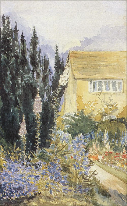 6. <i>The Incledon's Cottage at Barnt Green</i> [1913]

<br/><br/>

Tolkien loved to visit Incledons, for the company and idyllic setting of their home. This watercolour of this setting and the sheer beauty of their garden reflects his positive and comforting mood.<span class="ngViews">1 view</span>