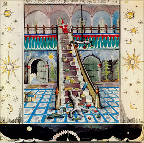 <i>Polar Bear had fallen from top to bottom onto his nose</i>

<br /><br />

Painting of the interior of Cliff House at the North Pole, together with a letter describing the event, was delivered to Tolkien's children at Christmas 1928. Published in The

<br /><br />

Father Christmas Letters, 1976, and again (with the decorative borders removed) in Tolkien Calendar 1979.<span class="ngViews">1 view</span>