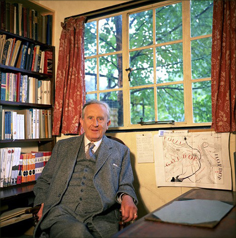 Tolkien photographed in his study at home in 1966, his map of Middle-earth on the wall.<span class="ngViews">2 views</span>