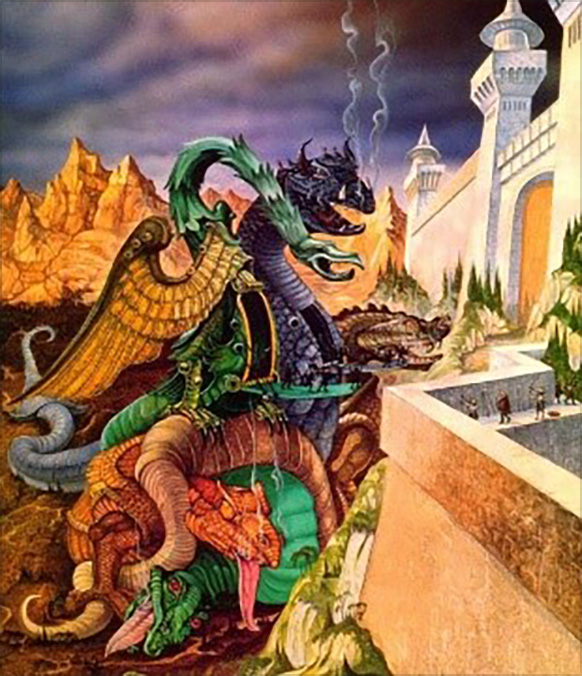 <titletext><strong>

3. Fall of Gondolin

</strong></titletext>

<br/><br/>

1987 oils on board, image size 230 x 430 mm. Artwork for the book cover of <em>The Book of Lost Tales</em>, Book 2, Unwin Hyman.

<br/><br/>

Reproduced in the 1989 J.R.R. Tolkien Calendar, Ballantine Books, for March.<span class="ngViews">16 views</span>