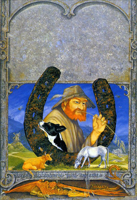 <titletext><strong>

4. Farmer Giles of Ham

</strong></titletext>

<br/><br/>

1989 oils on board, image size 200 x 300mm. Artwork for the book cover of <em>Farmer Giles of Ham</em>, Unwin Hyman.<span class="ngViews">5 views</span>