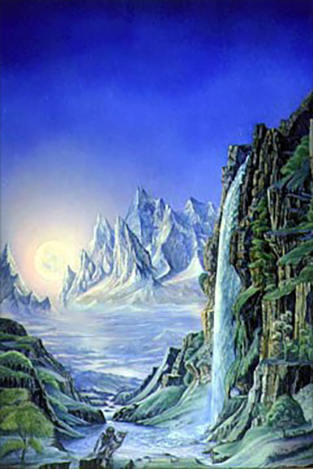 <titletext><strong>

7. Gollum

</strong></titletext>

<br/><br/>

1983 oils on board, image size 200 x 330 mm. Artwork for the 1984 Tolkien Calendar, Unwin Hyman.

<br/><br/>

Evoking an ethereal fantastical atmosphere of mountains, waterfall and hanging moon, reminiscent of Pauline Baynes’s cover-art for the 1960's paperback.<span class="ngViews">12 views</span>