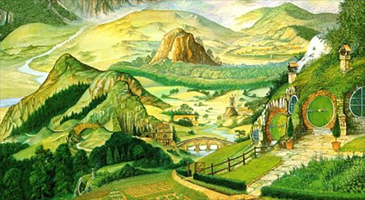 <titletext><strong>

12. Hobbiton

</strong></titletext>

<br/><br/>

This painting depicts the lush green landscape of Hobbiton and the Shire (with an unusual mountainous terrain) and a wonderful detailed image of Bag End and many other landmarks such as the gardens, bridge, mill etc

<br/><br/>

Reproduced in the 1989 J.R.R. Tolkien Calendar, Ballantine Books, for May.<span class="ngViews">24 views</span>