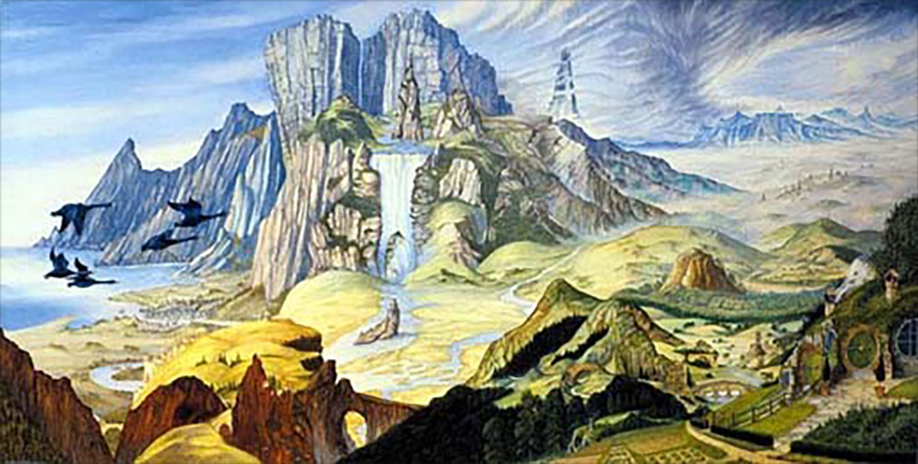 <titletext>

<strong>33. The Shire</strong>

</titletext>

<br/><br/>
1987 oils on board, image size 200 x 300 mm. Cover artwork for <em>The Lord of the Rings</em> Box Set, Unwin Hyman.<span class="ngViews">7 views</span>
