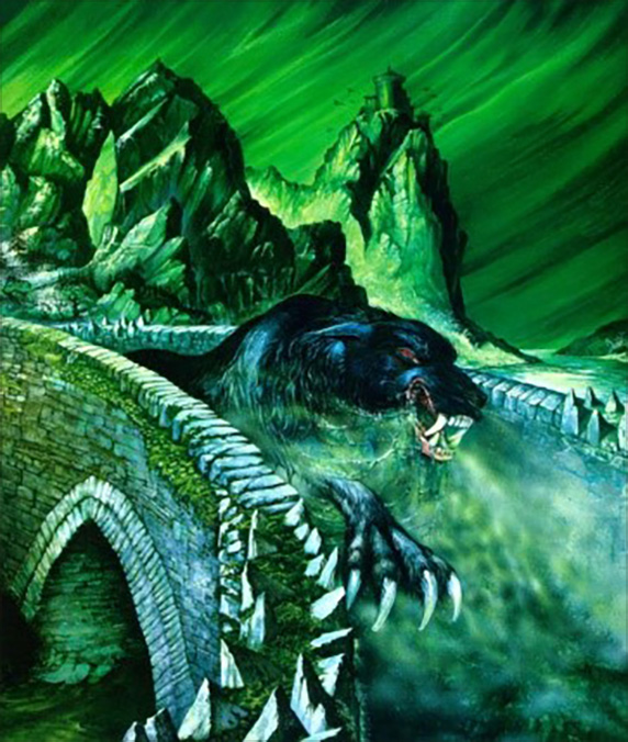 <titletext>

<strong>36. Thu as Wolf</strong>

</titletext>

<br/><br/>

1987 oils on board, image size 300 x 480 mm. Artwork for the book cover <em>The Lays of Beleriand</em>, Unwin Hyman

<br/><br/>

Reproduced in the 1989 J.R.R. Tolkien Calendar, Ballantine Books, for November.