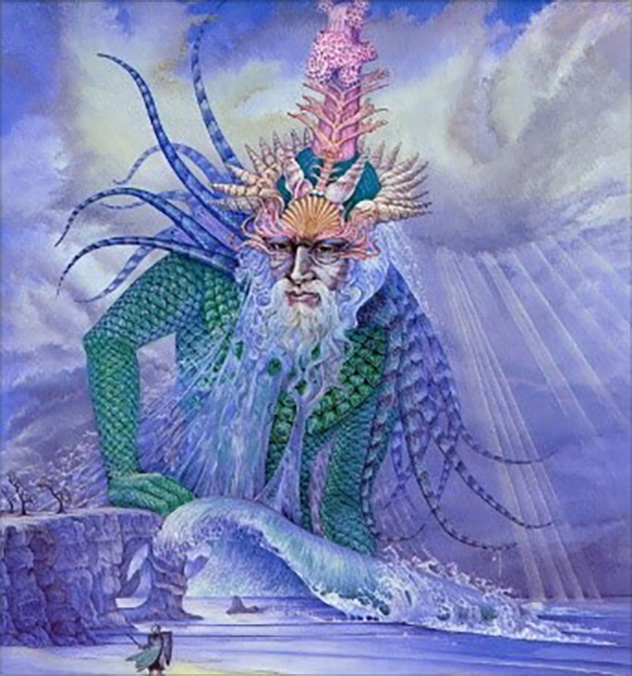 <titletext>

<strong>40. Ulmo</strong>

</titletext>

<br/><br/>

This painting depicts the King of the Sea (The Lord of the Waters, Dweller of the Deep). He lives in the deeps under Ambar where he composes his music and governs all waters, bays and rivers. Here, appearing in majesty over Tuor.

<br/><br/>

1983 oils on board. Artwork commissioned for the 1984 Tolkien Calendar, Unwin Hyman.<span class="ngViews">4 views</span>