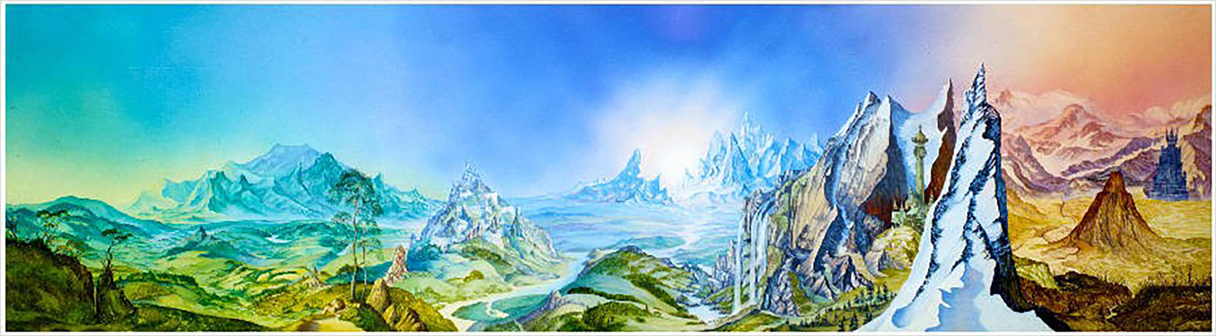 <titletext>

<strong>41. Tolkien Landscape</strong>

</titletext>

<br/><br/>

1983 oil on panel, image size 300 x 1080 mm. Artwork was commissioned for the trilogy book cover, Unwin Hyman, 1986.

<br/><br/>

The original oil painting is on permanent exhibition at Lakeside Gallery.<span class="ngViews">10 views</span>