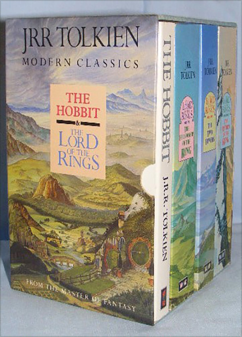 The Tolkien Box Set <br/>
<strong>Modern Classics from the Master of Fantasy.</strong><br/>
Unwin Paperbacks.<br/>
Paperbacks. Issued in a box.<br/>
Slipcase illustration by Roger Garland.<span class="ngViews">1 view</span>