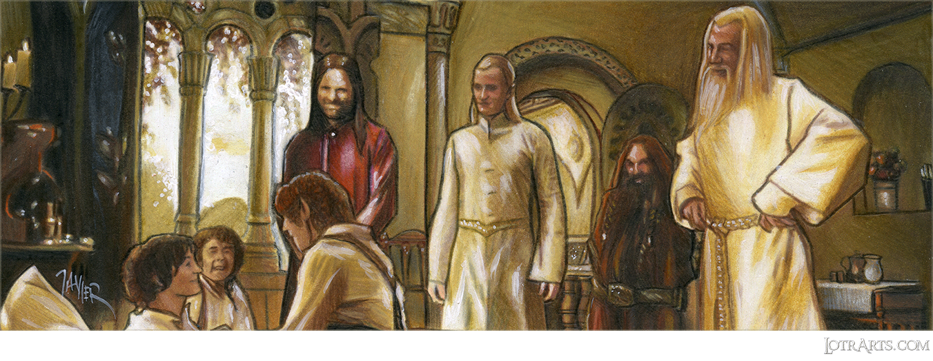 Frodo recovering after the Ring was destroyed, with Merry, Pippin, Gandalf, Gimli, Legolas and Aragorn, uncut two card panel by Gonzalez<span class="ngViews">10 views</span>