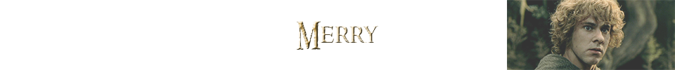 <div class="floatbox" data-fb-options="width:1400 height:80%"> <strong>Character:</strong> Merry <a href="http://www.glyphweb.com/arda/m/meriadocbrandybuck.html" class="transparent">✦</a> <br /> <strong>Portrayed by:</strong> Dominic Monaghan <a href="https://en.wikipedia.org/wiki/Dominic_Monaghan" class="transparent">✦</a> <br /> <strong>Profile:</strong> Meriadoc ‘Merry’ Brandybuck: Hobbit, son of Saradoc Brandybuck. Friend of Frodo and member of the Fellowship of the Rings. With Éowyn he helped slay the WitchKing of Angmar. At the age of 102, he returned to Rohan and Gondor with Pippin; the two hobbits died in Gondor several years later.</div><span class="ngViews">1 view</span>