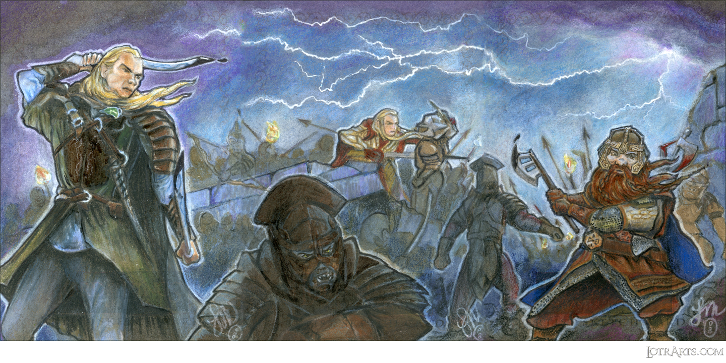 Battle at Helms Deep, Legolas, Gimli, Haldir, Uruk Hais, three-card panel, by Mangue: after-market sketches<span class="ngViews">18 views</span>